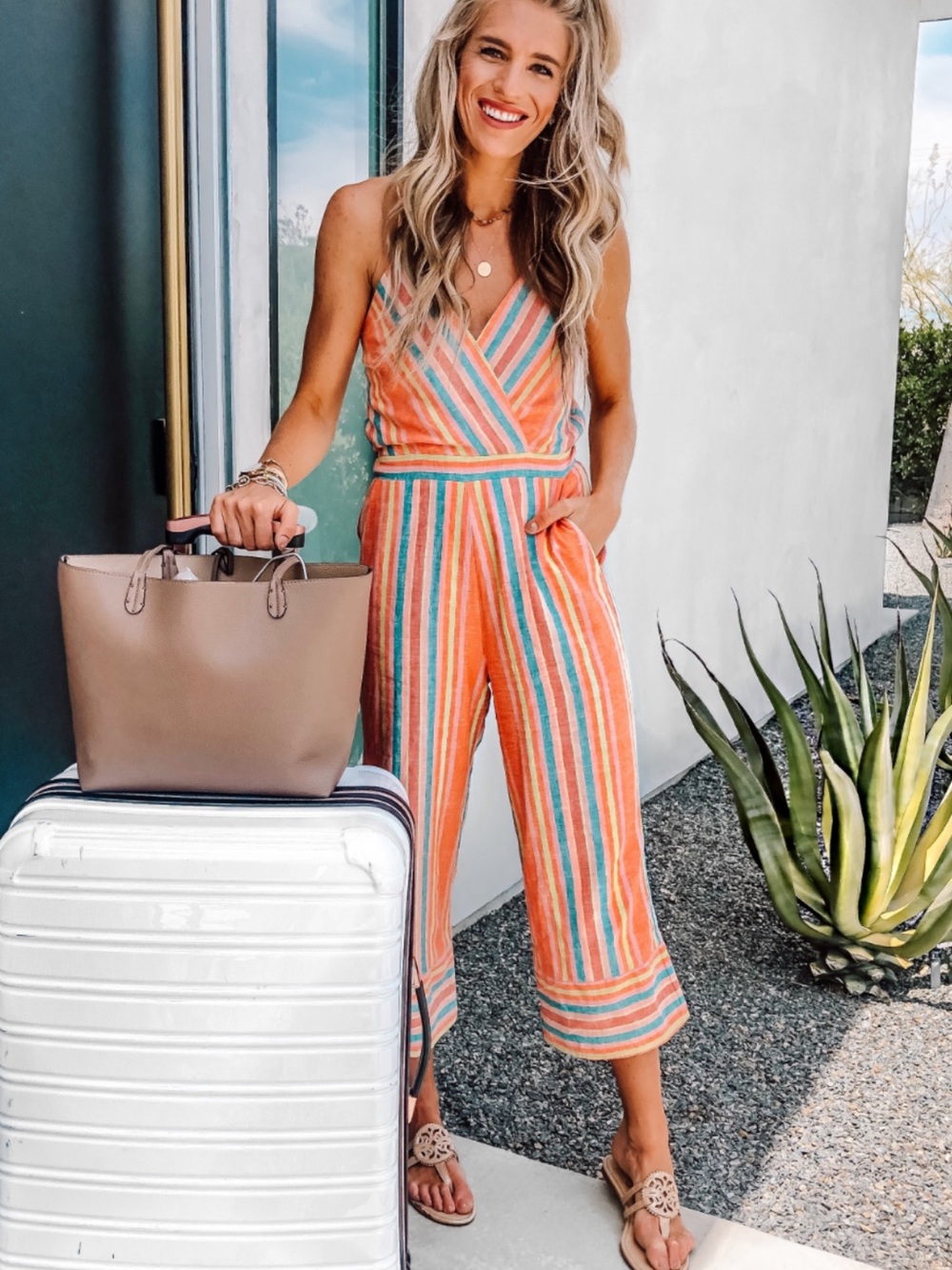 Willow & Clay Coral Multi Striped V-Neck Cropped Jumpsuit